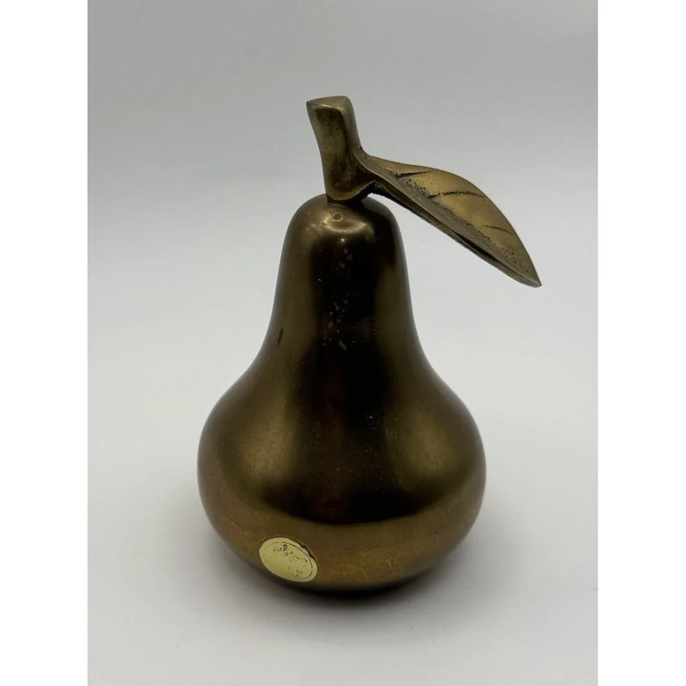 Vintage Solid Brass Pear Figurine Bell Paperweight Leaf & Stem Made Korea MCM